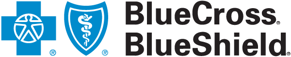 The image shows the logo for BlueCross BlueShield. The logo consists of two symbols: a blue cross with a human figure in the center on the left, and a blue shield with a serpent-entwined staff on the right. Next to these symbols, the text 