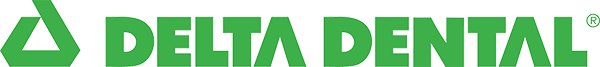 The image shows the logo of Delta Dental, a dental insurance company. The logo consists of a green triangular symbol on the left, followed by the words 