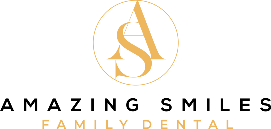 The image shows a logo for a dental practice named "Amazing Smiles Family Dental." The logo features a stylized monogram with the letters "A" and "S" intertwined in gold, enclosed within a gold circle. Below the monogram, the text "AMAZING SMILES" is written in black capital letters, and underneath that, "FAMILY DENTAL" is written in gold capital letters.