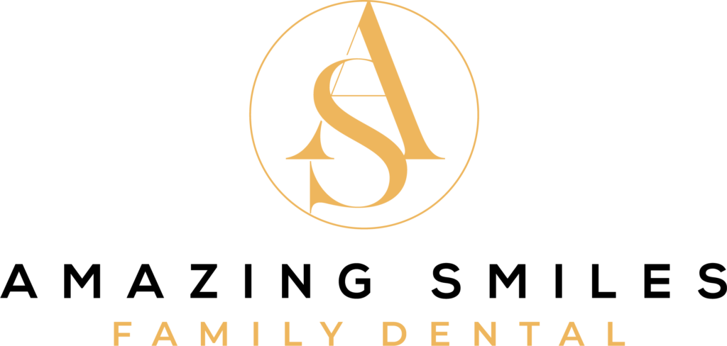 The image shows a logo for a dental practice named "Amazing Smiles Family Dental." The logo features a stylized monogram with the letters "A" and "S" intertwined in gold, enclosed within a gold circle. Below the monogram, the text "AMAZING SMILES" is written in black capital letters, and underneath that, "FAMILY DENTAL" is written in gold capital letters.